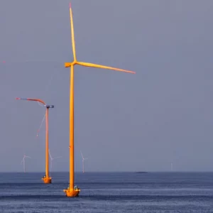 Artistic representation for Maine , federal government reach agreement on floating offshore wind research array.