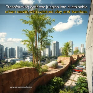 Artistic representation for Transforming concrete jungles into sustainable urban oases with calcined clay and bamboo.